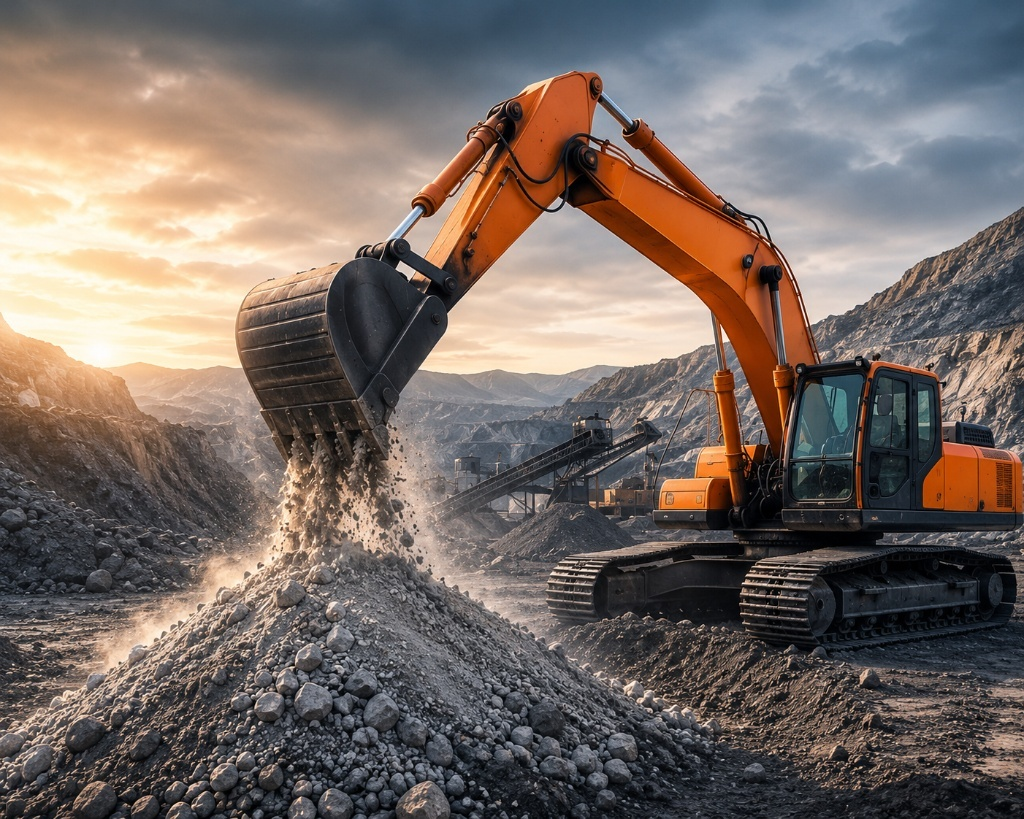 Mining Excavator Loading Barite Ore Pit